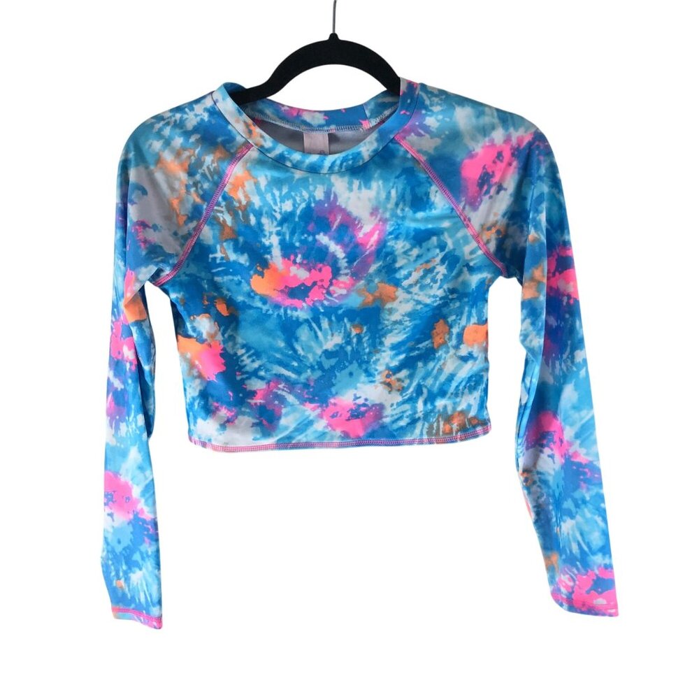 More Than Magic Girls Rash Guard Swim Top Cropped Tie Dye Blue Long Sleeve XL